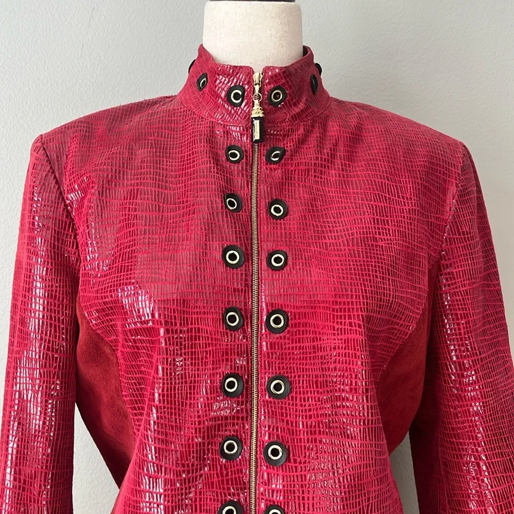 St John Couture Red Embossed Leather Jacket Grommet‎ Moto Zip SZ 6-8